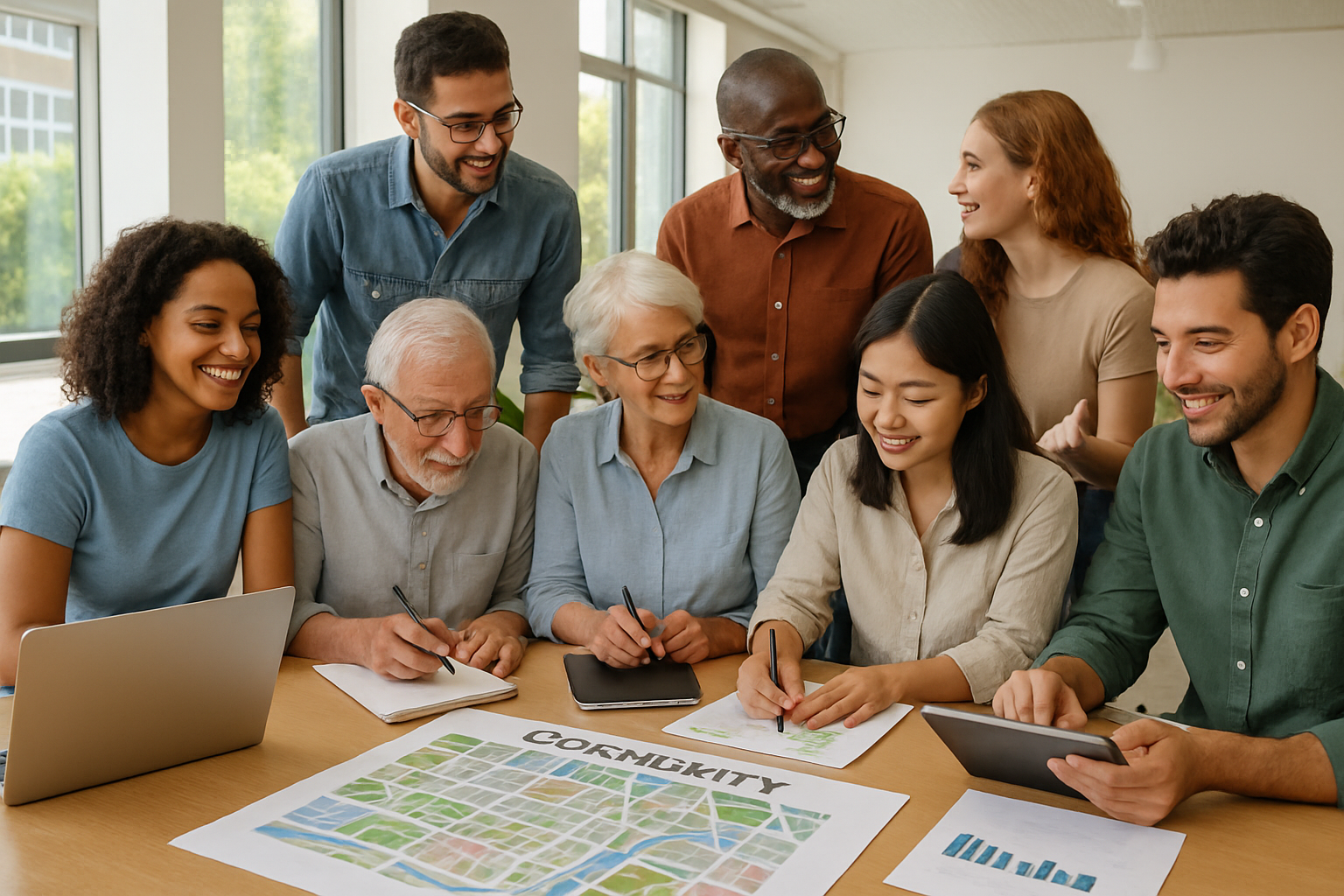 multicultural group of modern mixed-aged people working on community project