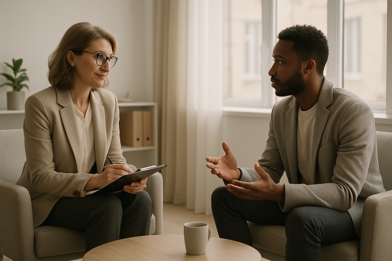 a professional coach and supervisor, modern, in thoughtful dialogue, calm light