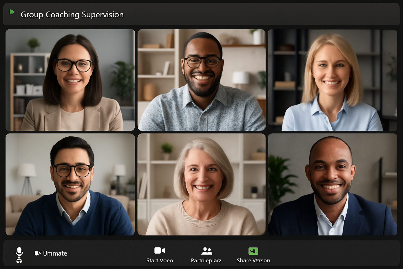 modern zoom room, group coaching supervision, six people, equal image sizes