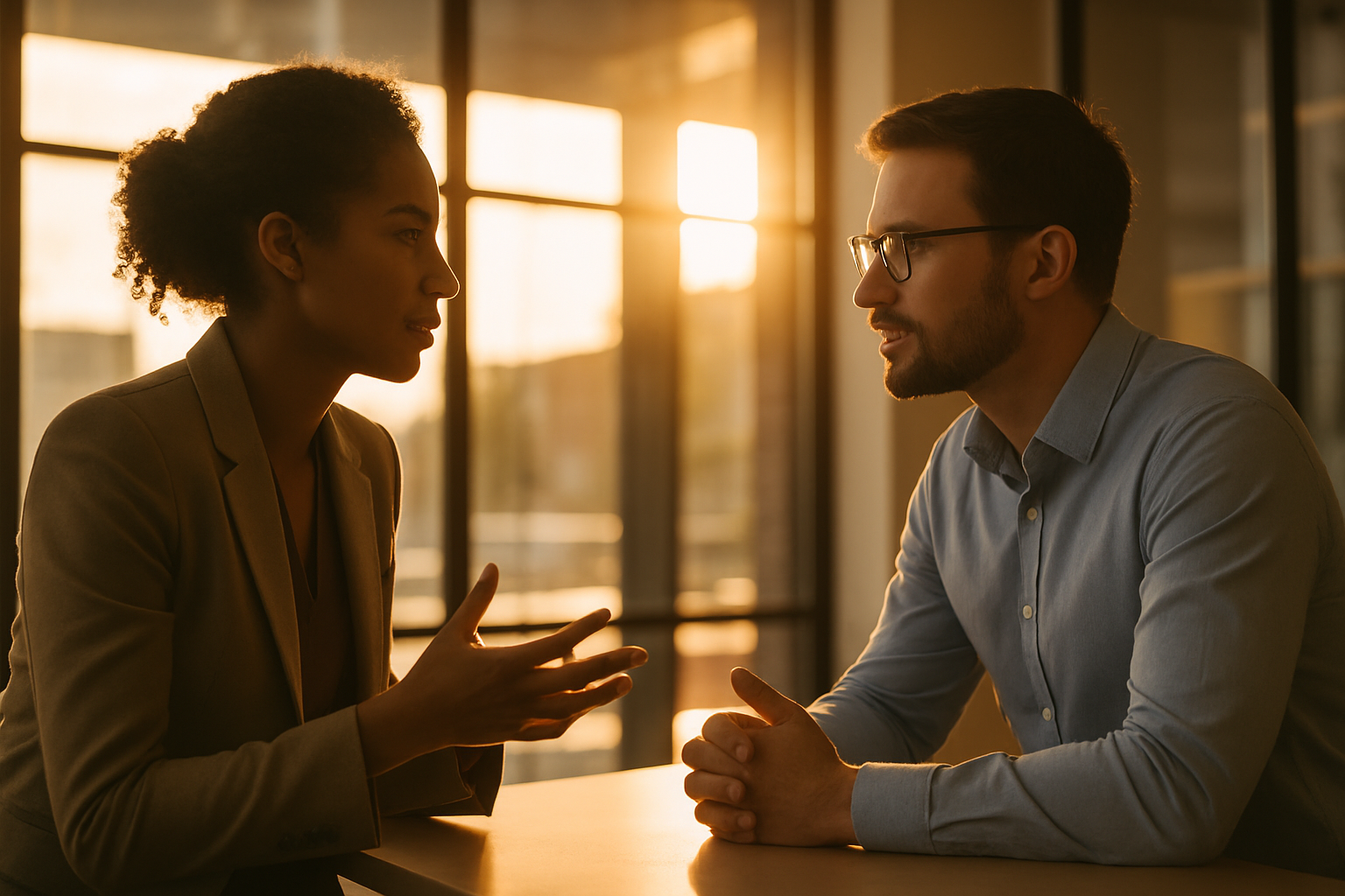 two modern professionals in thoughtful conversation, golden light in the background